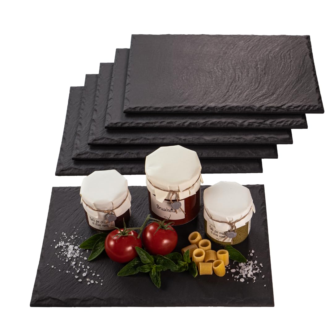 Bandeja para servir de gres porcelánico con aspecto de pizarra de 28 x 19 cm, 6 piezas en antracita, rústica, fácil de limpiar, resistente a las manchas, resistente a los arañazos, apta para