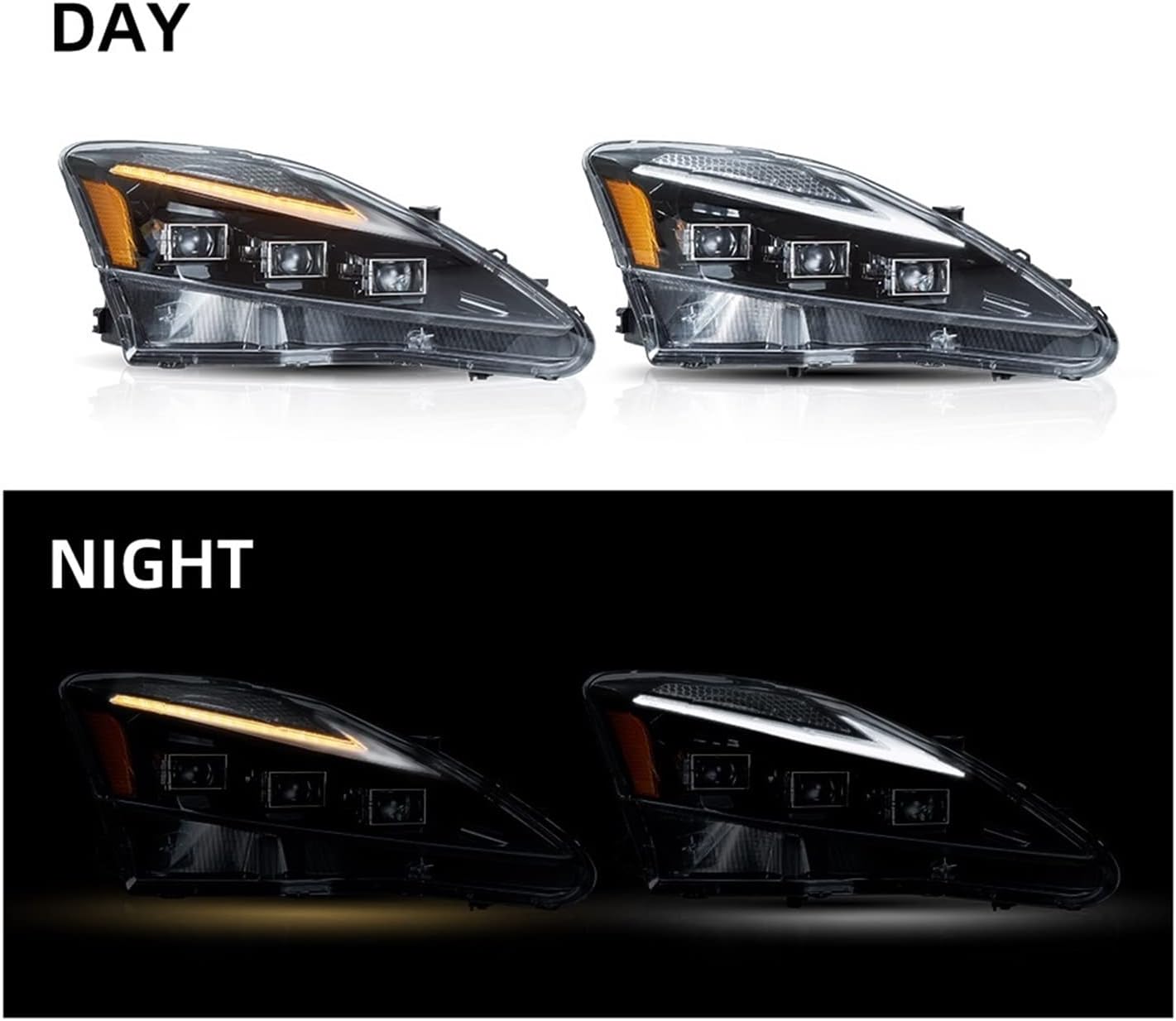 Automobile LED Headlight Assembly. Compatible for Lexus IS250 IS350 C ISF 2006-2013 Bulle DRL Automotive Design Headlamp Accessories Light (Color : Amber, Size : RHD)