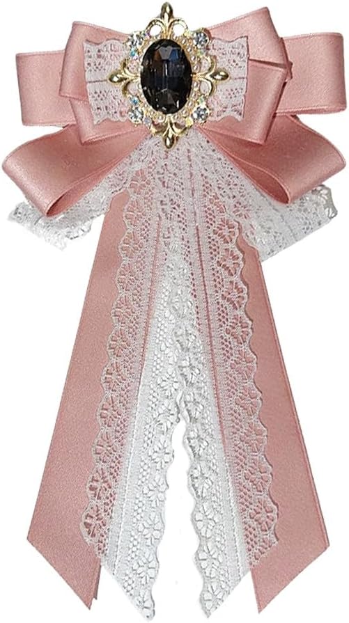 Vintage Lacy Ladies Bow Pre-Tied Brooch for Women Elegant Rhinestone Satin Fabric Ribbon Neck Tie Brooches Lapel Pins Dainty Christmas Wedding Prom Party Costume Bow Tie Dress Accessories