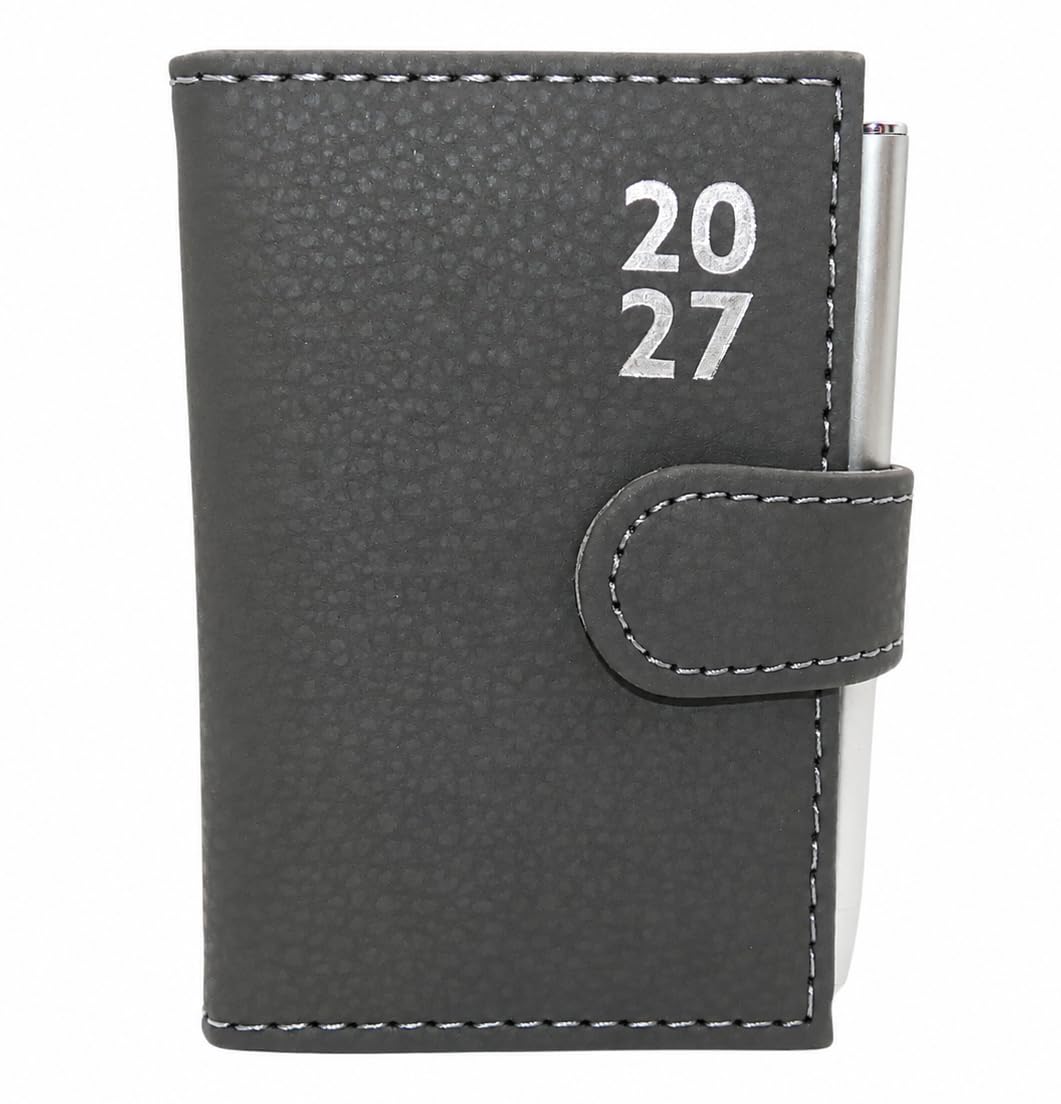 Sixstore Day a Page 2027 Page a Day Pocket Diary Soft Leather Feel Size 10.7 x 7cm PU Leather Diary Ribbon Marker with Pen, Grey