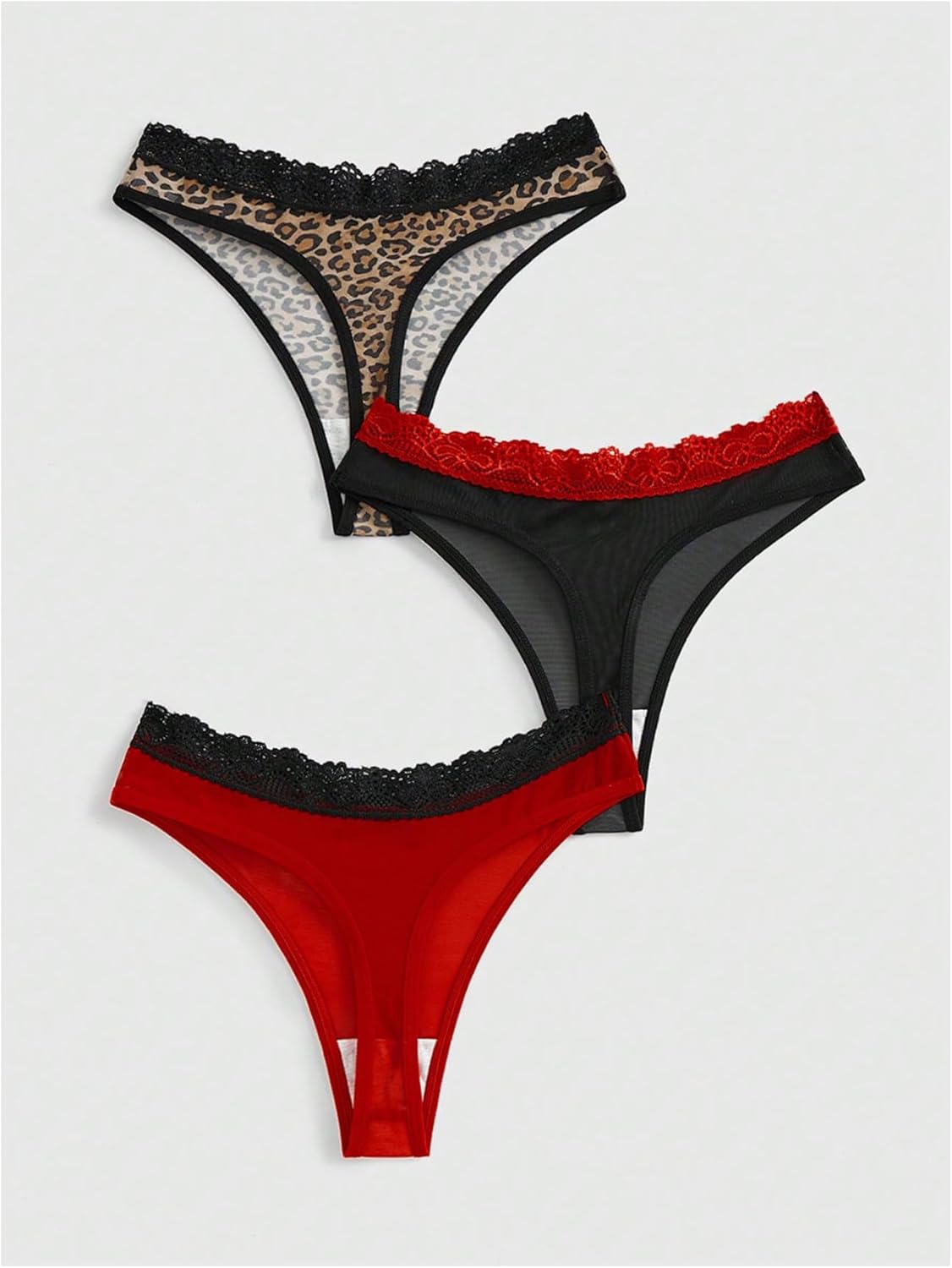 Women's 3 Pack Thongs Sets Leopard Print Lace Trim Low Rise Panties Seamless Bow Briefs Thong Underwear - Image 2