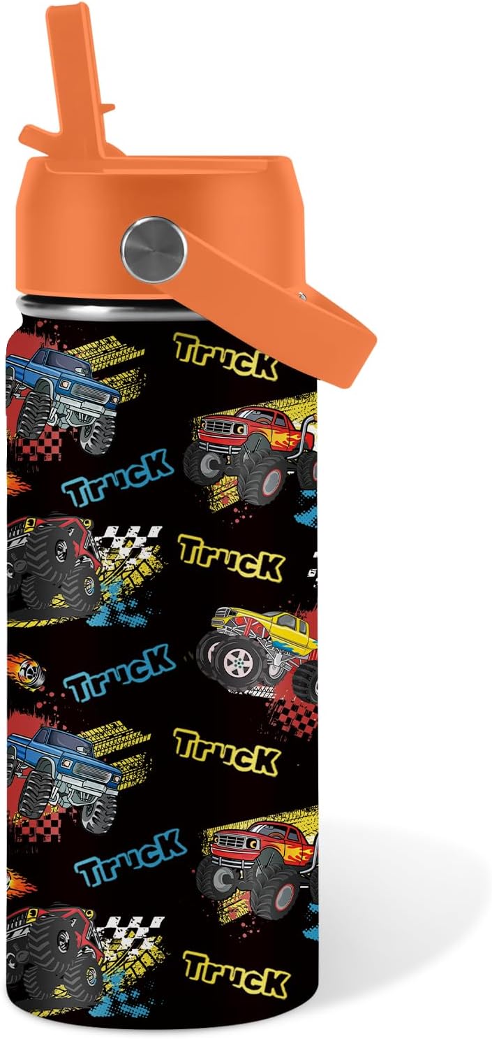 Truck Gifts for Kids - 16 Oz Kids Water Bottle with Straw Lid, Stainless Steel Insulated Tumbler, Leak Proof, BPA-Free, for Girls, School, Travel - Truck Lovers Children Birthday Gifts Cups(1pc)