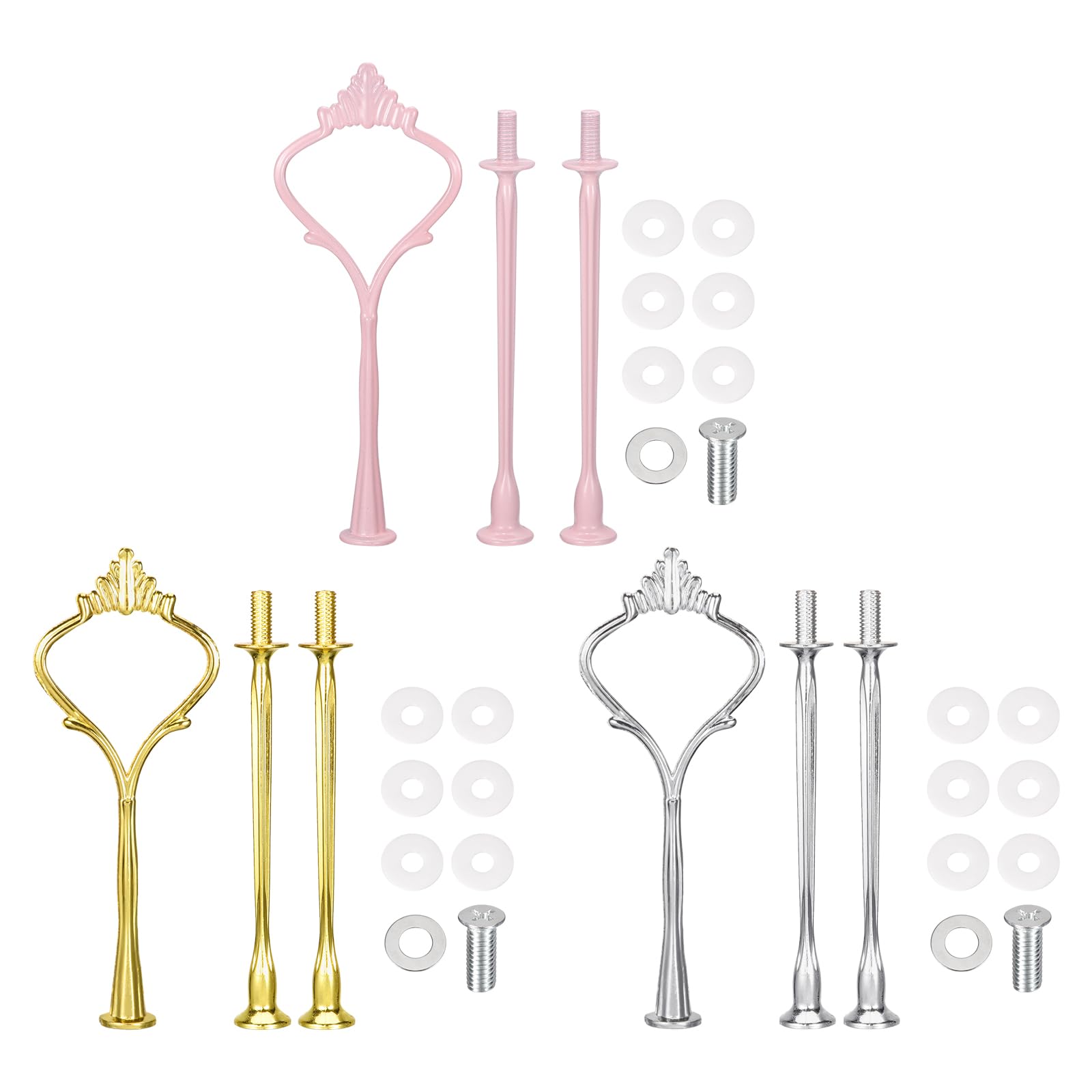 uxcell 3 Set 3-Tier Cupcake Stand Hardware Handles, Zinc alloy Cake Plate Stand Handle Fittings for DIY Making Fruit Plate Cake Stand, Crown Pink/Gold/Silver