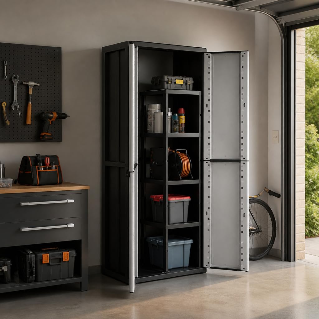 Kreher Spindschrank, Kunststoffschrank in Grau. Mit Regal und Freifach für z.B. Besen. Abschließbar. Maße ca. 67 x 38 x 164 cm.