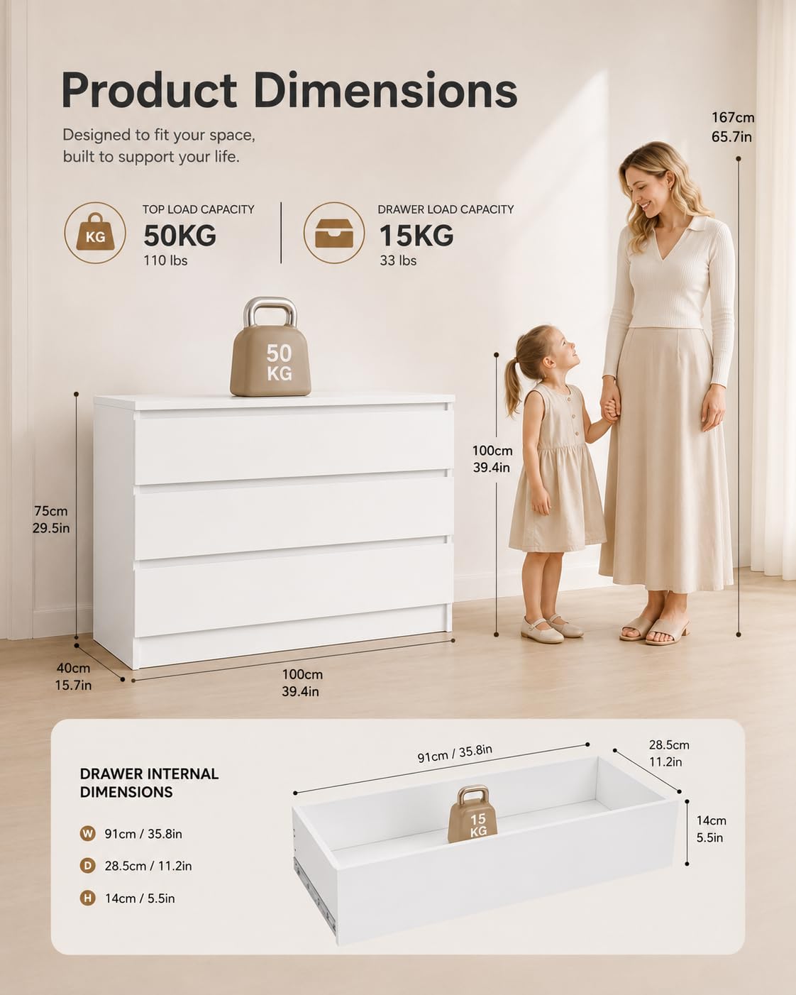Commode Chambre Commode Blanche avec 3 Tiroirs 100 x 40 x 75 cm
