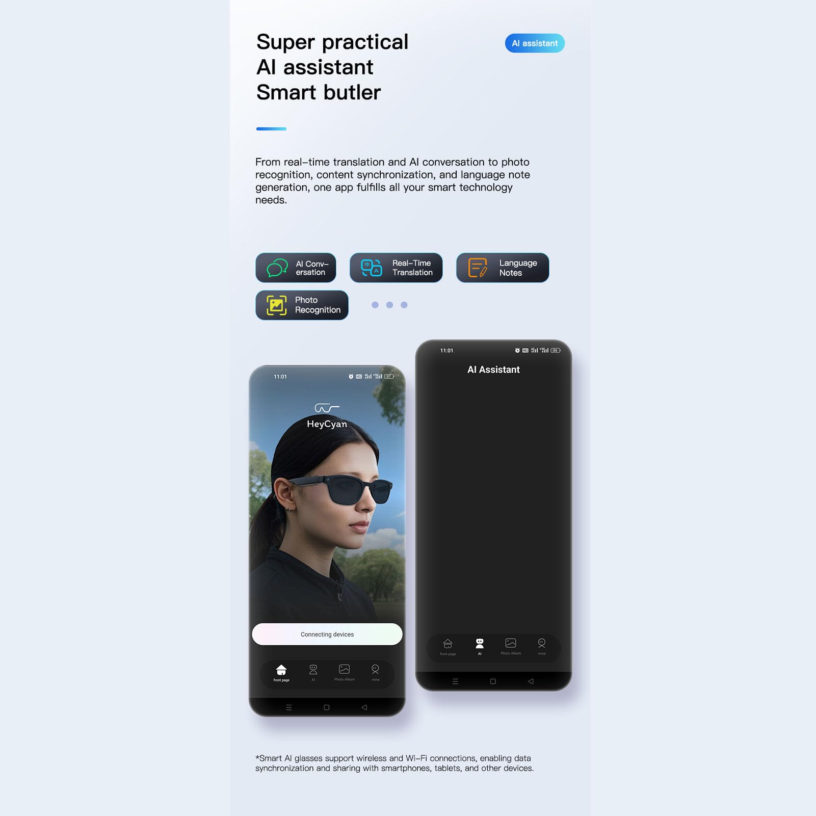 Bewinner AI Smart Glasses con Traduzione in Tempo Reale, Bluetooth 5.3, Lenti Fotocromatiche, Auto On Off, Occhiali da Sole Intelligenti per le Riunioni di Viaggio Business