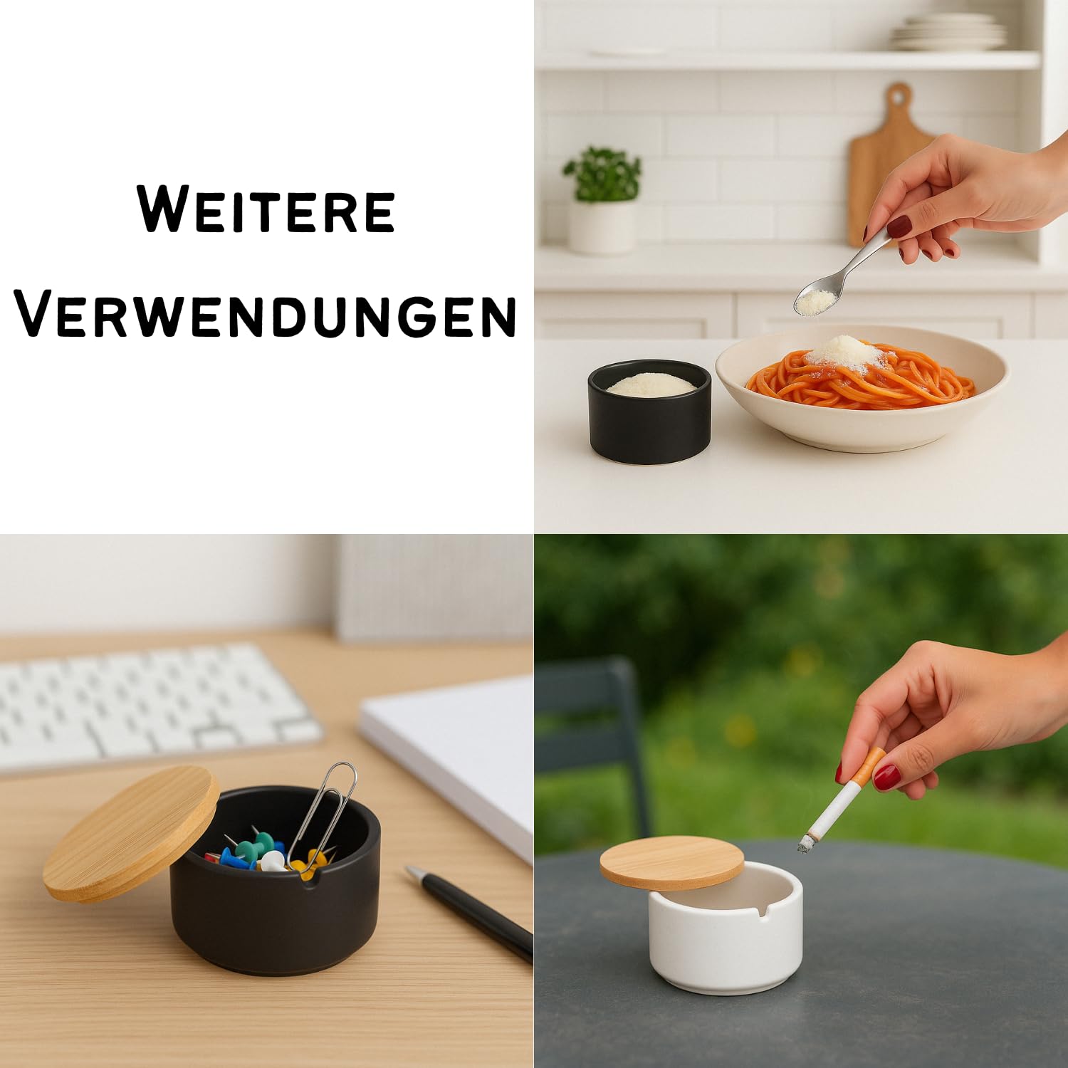 Keramik Zuckerdose mit Löffel und Deckel aus Bambus -Zuckerlöffel für Haus und Küche, moderne Kugelform, für Zucker, Käse, Gewürze, 12.5 x 10 x 6.5 cm, Schwarz
