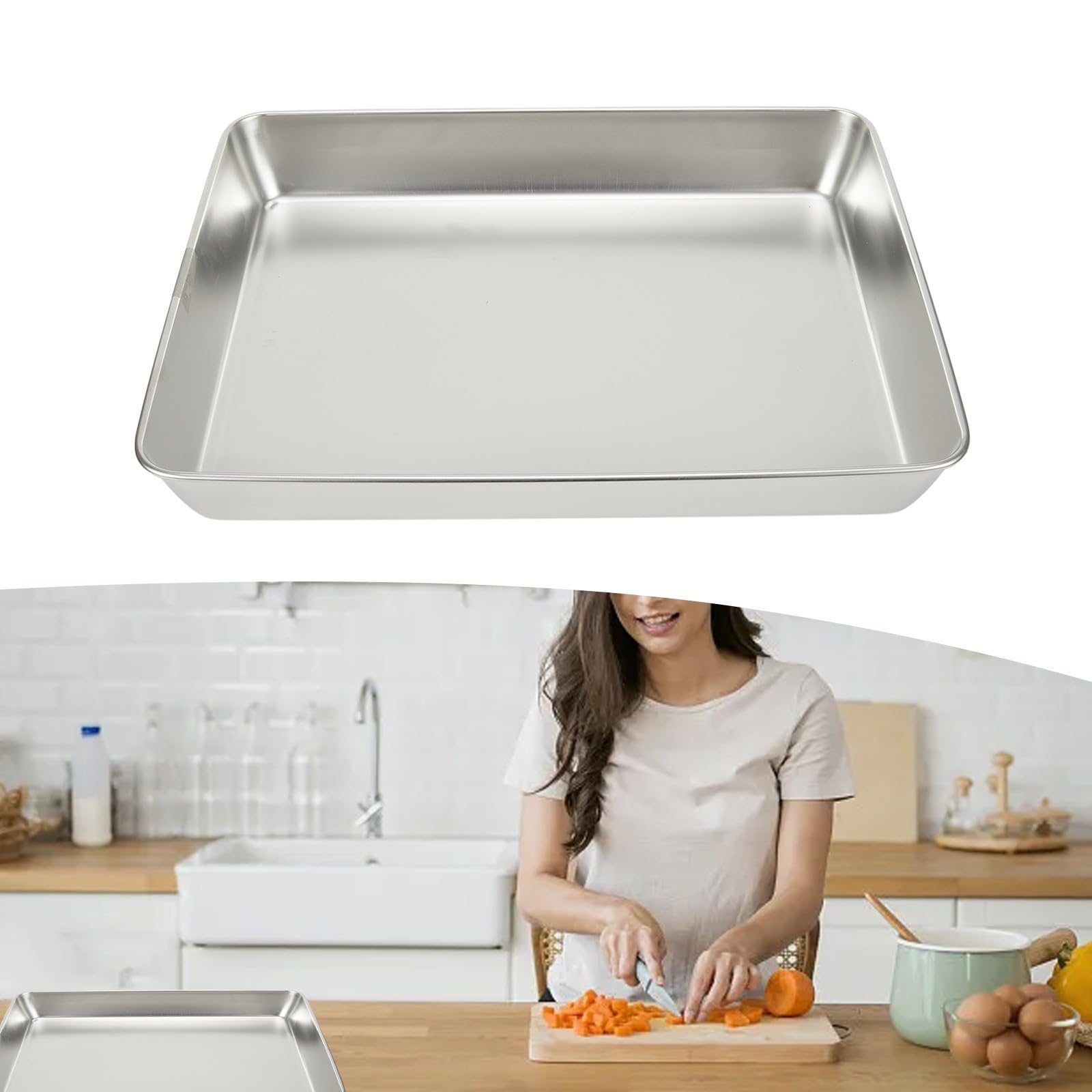 Vassoio rettangolare in acciaio inox resistente per la preparazione e il servizio dei pasti, adatto a qualsiasi ambiente (40 x 35 x 5,5)