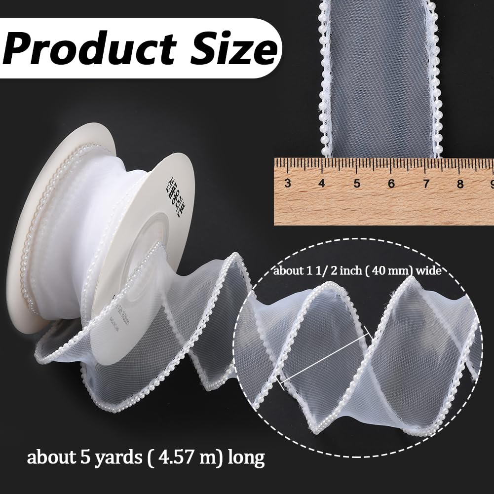 CABODYALS 4.57M 40mm White Faux Pearl Edged Ribbon Organza Sheer Fishtail Yarn Trim Mesh Shimmer Transparent Ribbons Rolls with Spool for Diy Crafts Corsage Wedding Invition Cake Decoration - Image 2