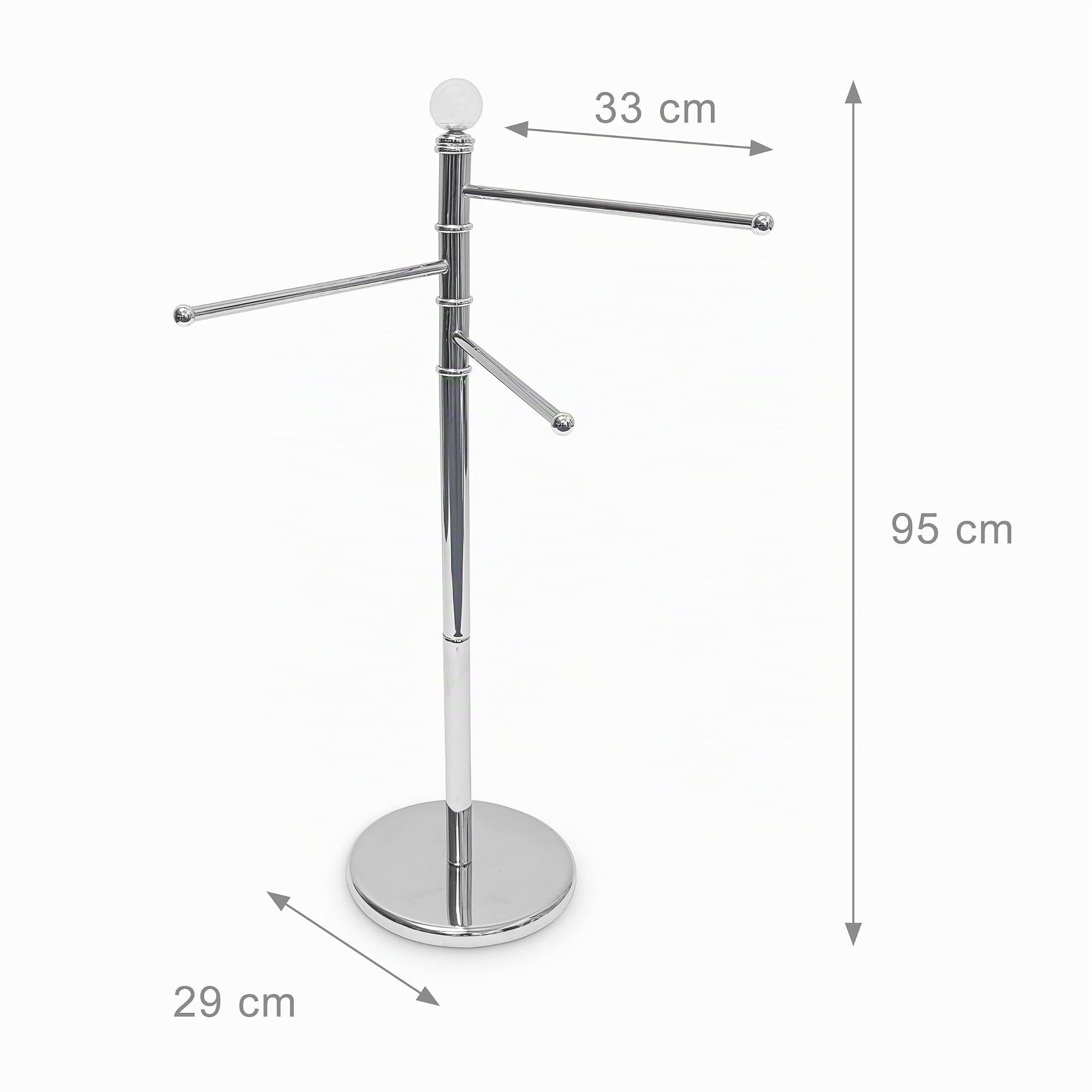 Relaxdays 10019262 Porte-serviettes sur pied Porte-vêtements accessoire salle de bain 3 bras métal chromé Ø du socle 29 cm H 93,5 cm support pour essuie argenté