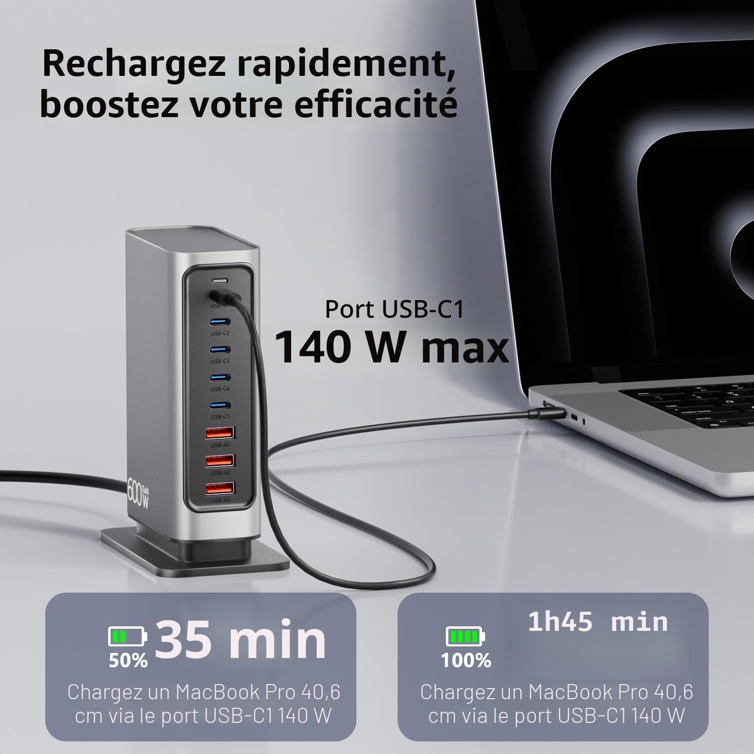Chargeur USB C Multiple 600W, Station de Charge Bureau GaN 8 Ports avec GaN Tech 140W, Alimentation PD PPS QC Compatible avec MacBook, Laptop, iPhone, Samsung etc.