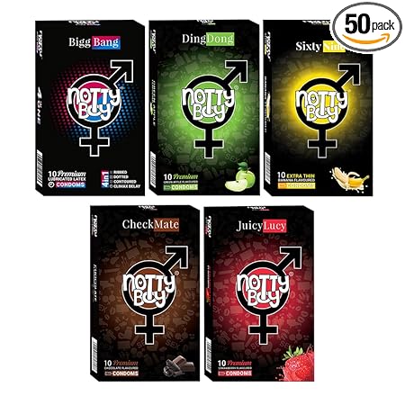 NOTTY BOY Condoms Honeymoon Surprise Combo Pack Ultra Thin Banana, Green Apple, Chocolate, Strawberry, 4IN1 Ribs Dots Contour Climax Delay - (5x10s)