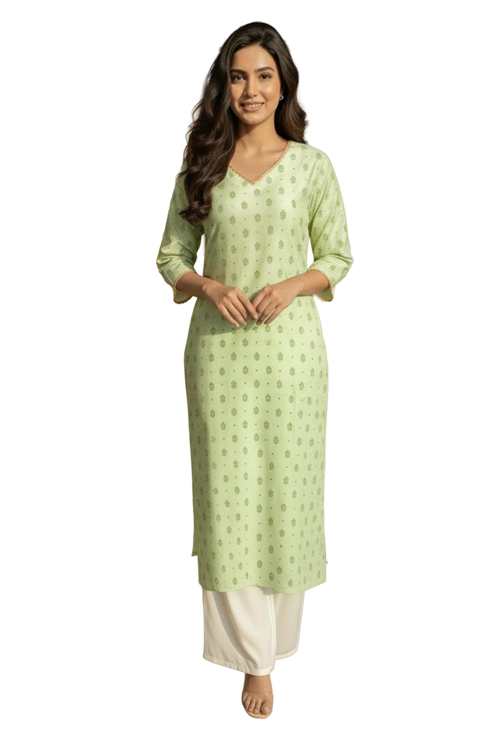 Janasya Women's Mint Green Silk Blend Foil Printed Straight Kurta