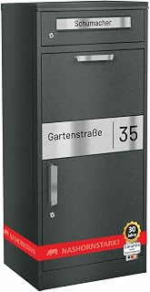 AL Paket-Line - Briefkasten mit Paketfach groß XXL wetterfest mit Namensgravur Paketbriefkasten freistehend drinnen und draußen rostfrei DB 703 Eisenglimmer Paketbox modern massiv mit Rückholsperre
