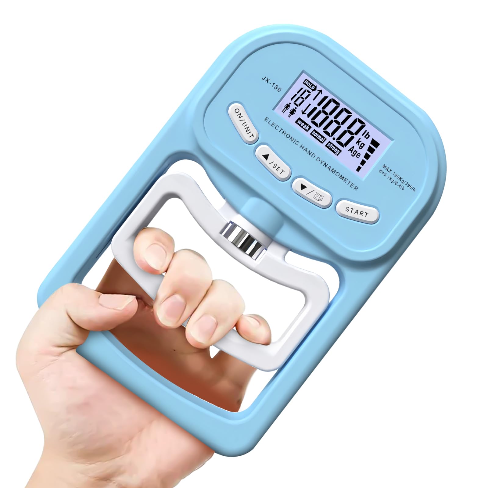Appareil de mesure de la force de préhension électronique : 180 kg - Dynamomètre manuel numérique avec écran LED - Entraîneur de force avec câble de charge USB - Bleu