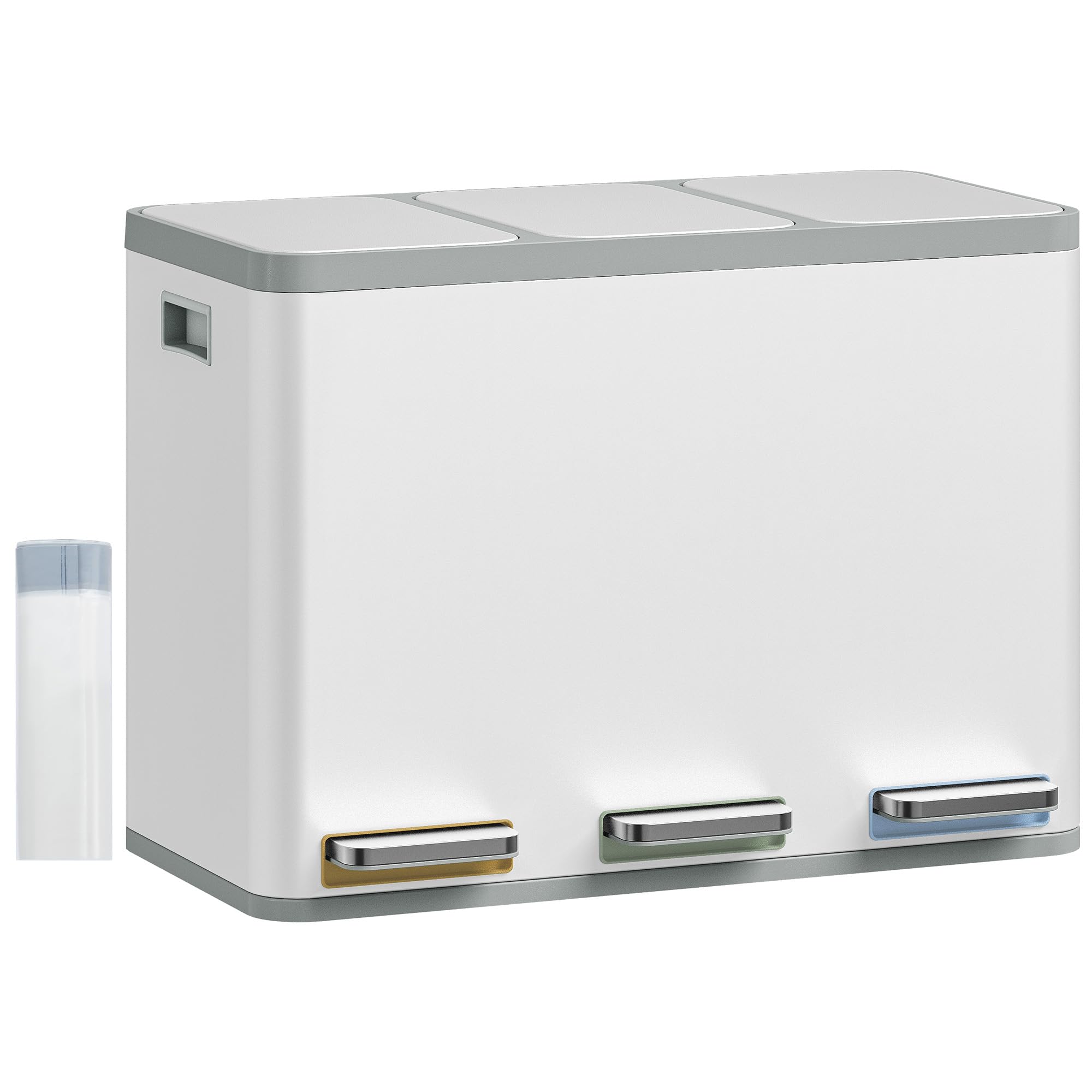 Hzuaneri Cubo de Basura para Reciclaje, Cubos de Reciclaje Cocina con Pedal 3 x 15 L, Contenedor de Acero Inoxidable con Cubos Extraíbles y 1 Rollo de Bolsas de Basura, Blanco SW04599W