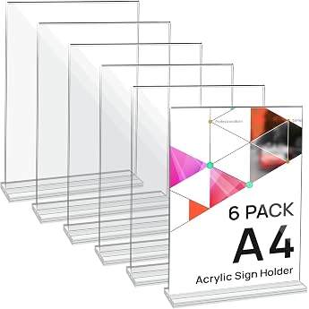 Acrylic Table Stands A4 Pack of 6 T-Stand Double Sided Price Tags Flyer Stand Menu Card Holder for Wedding Restaurant Office Cafe