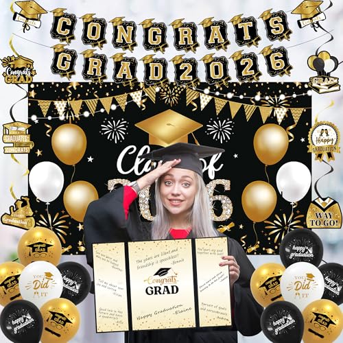 Image of Vlipoeasn Black Gold 2026 Graduation Party Decorations 2026 College /High School Graduation Decorations Party Supplies, Class of 2026 Congrats Grad Backdrop Banner Signature Book