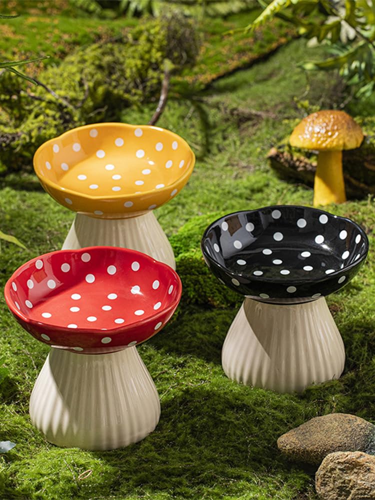 2 szt. Ceramiczna Miska dla Kota z Grzybkami, Urocza, Podwyższona Miska dla Kota, Przyjazna, Podwyższone Naczynie dla Kota na Jedzenie i wodę, Ceramiczne Miski dla Kota