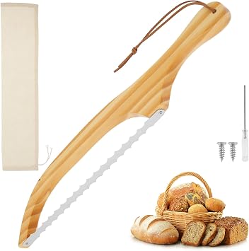 Wooden Bread Bow Knife Serrated Bread Bow Cutter Stainless Steel Sourdough Bread Knife Professional Bread Knife Cutter with Wooden Handle for Homemade Bread Sourdough Bagel Cake Fruit
