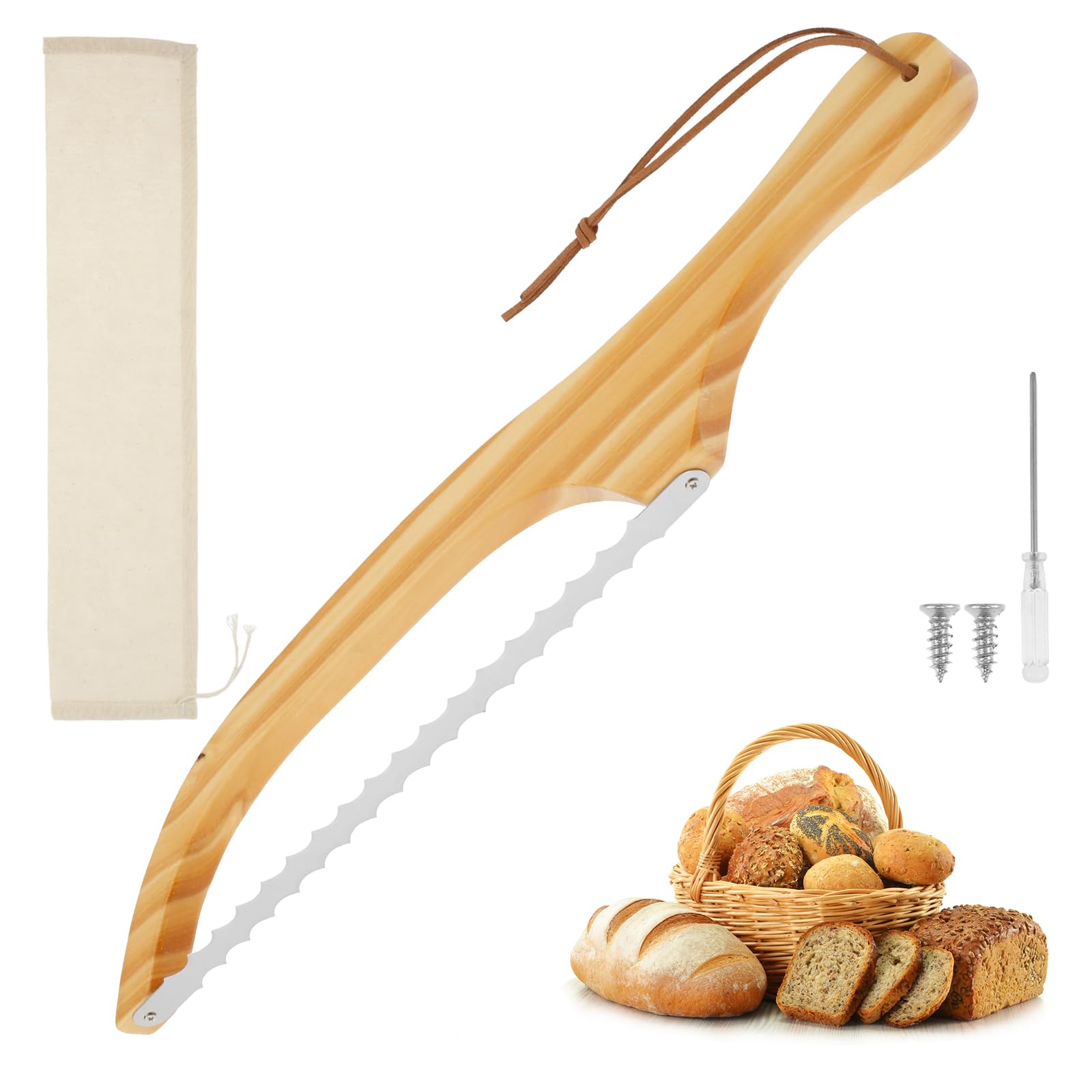 Jokapy Wooden Bread Bow Knife Serrated Bread Bow Cutter Stainless Steel Sourdough Bread Knife Professional Bread Knife Cutter With Wooden Handle For Homemade Bread Sourdough Bagel Cake Fruit