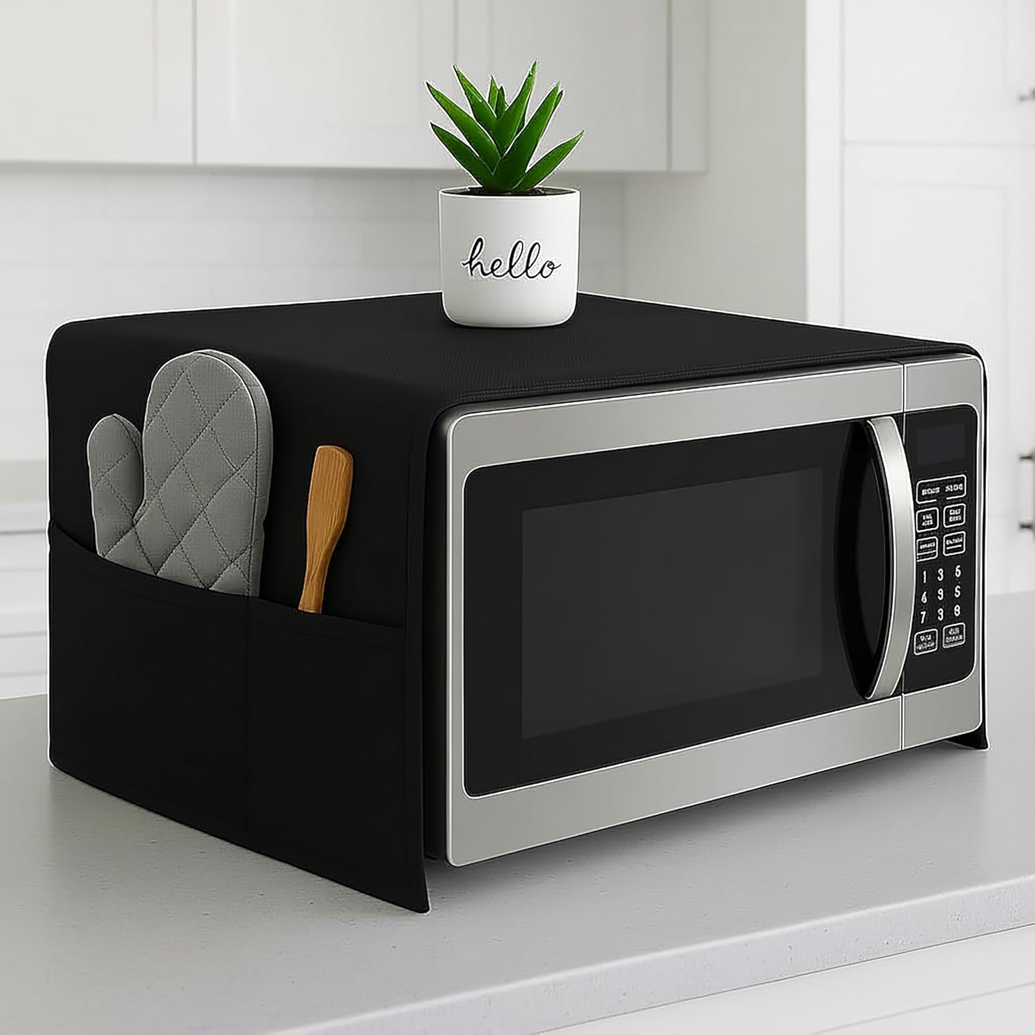 ALPHESTIA Microwave Oven Cover & Oven Top Cover - Durable, Dustproof, Waterproof Microwave Cover, Oven Cover, Microwave Top Cover with Modern Design and 4 Side Pockets (BLACK, GENERAL)
