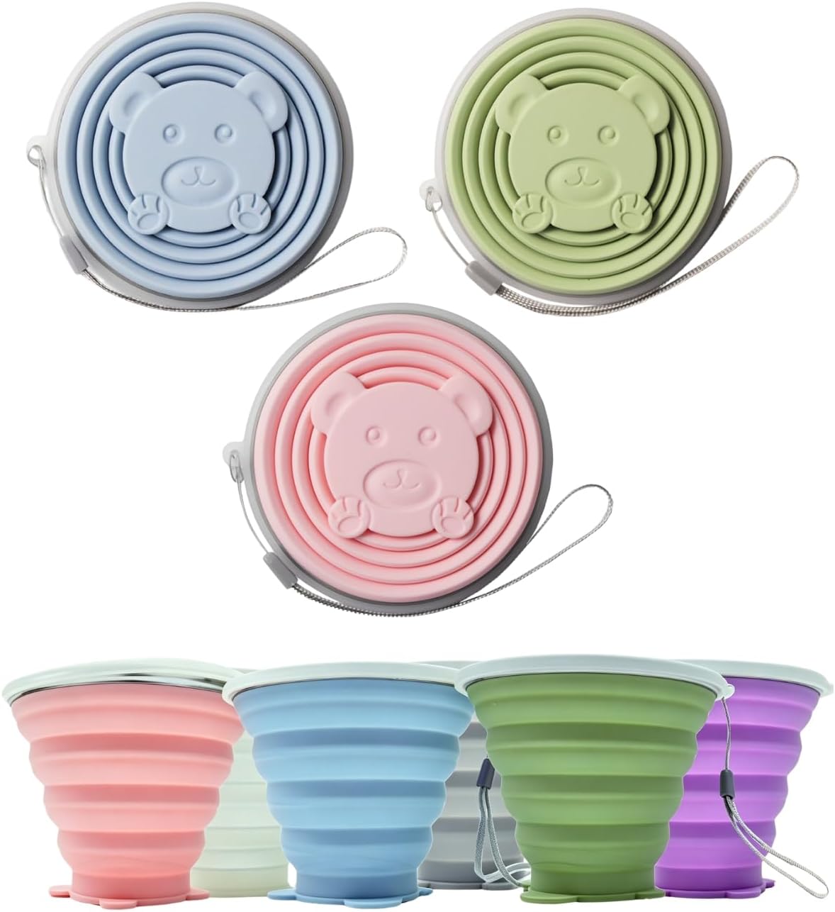 3Pcs Collapsible Silicone Travel Cup, Expandable Folding Cup with Lids, Reusable Portable Mugs-Cup for Travel, Leakproof Drinking Cup for Camping, Hiking, Office, Home (GreenPinkBlue)