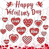 52Pcs Happy Valentines Day Decorations Valentine's Day Banner Glitter Valentine Hanging Swirls Ceiling Foil Decor Red Hearts Cutouts for Happy Valentine's Day Party Wedding Anniversary Theme Supplies