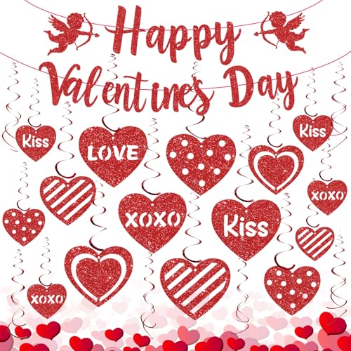 52Pcs Happy Valentines Day Decorations Valentine's Day Banner Glitter Valentine Hanging Swirls Ceiling Foil Decor Red Hearts Cutouts for Happy Valentine's Day Party Wedding Anniversary Theme Supplies