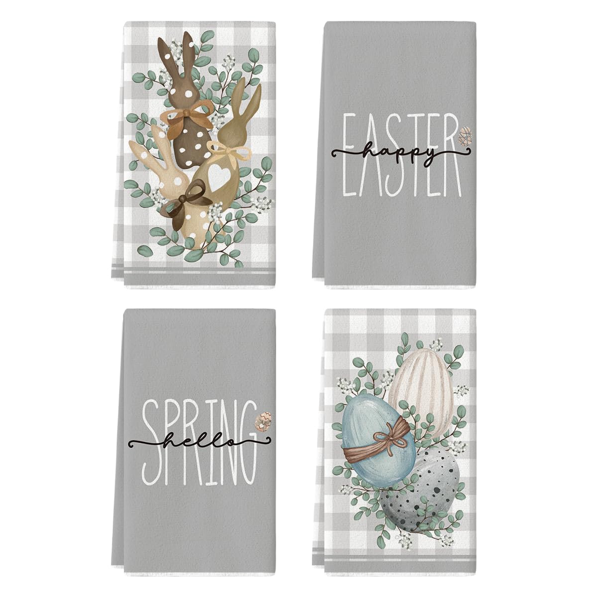 Photo 1 of Artoid Mode Grey Buffalo Plaid Rabbits Eggs Eucalyptus Happy Easter Kitchen Towels Dish Towels, 18x26 Inch Spring Decoration Hand Towels Set of 4