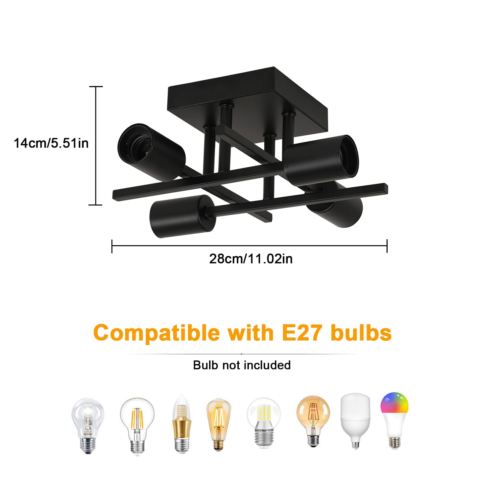 Pheashine Industrial Vintage Ceiling Light, 4-Light Semi Flush Mount Ceiling Lamp with E27 Sockets - Image 3