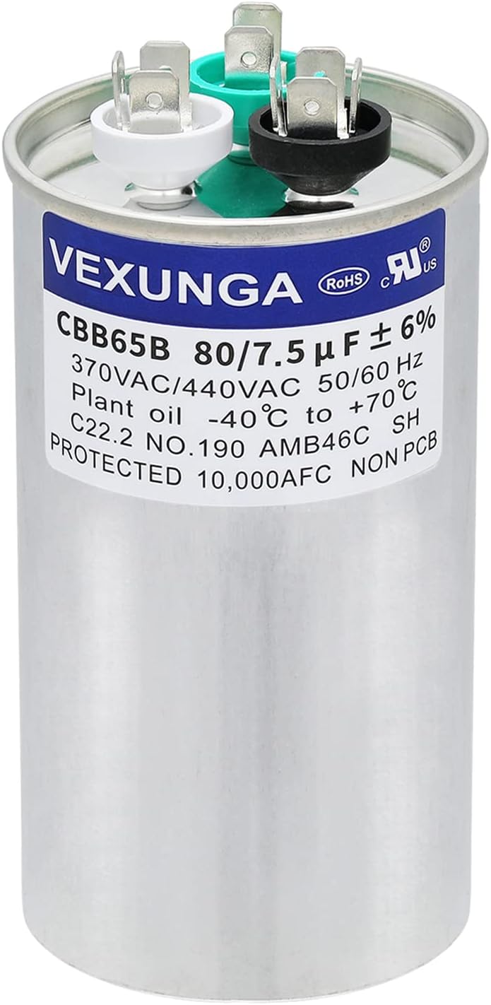VEXUNGA 80/7.5 uF 80+7.5 MFD 370V or 440V Dual Run Start Round A/C Capacitor CBB65