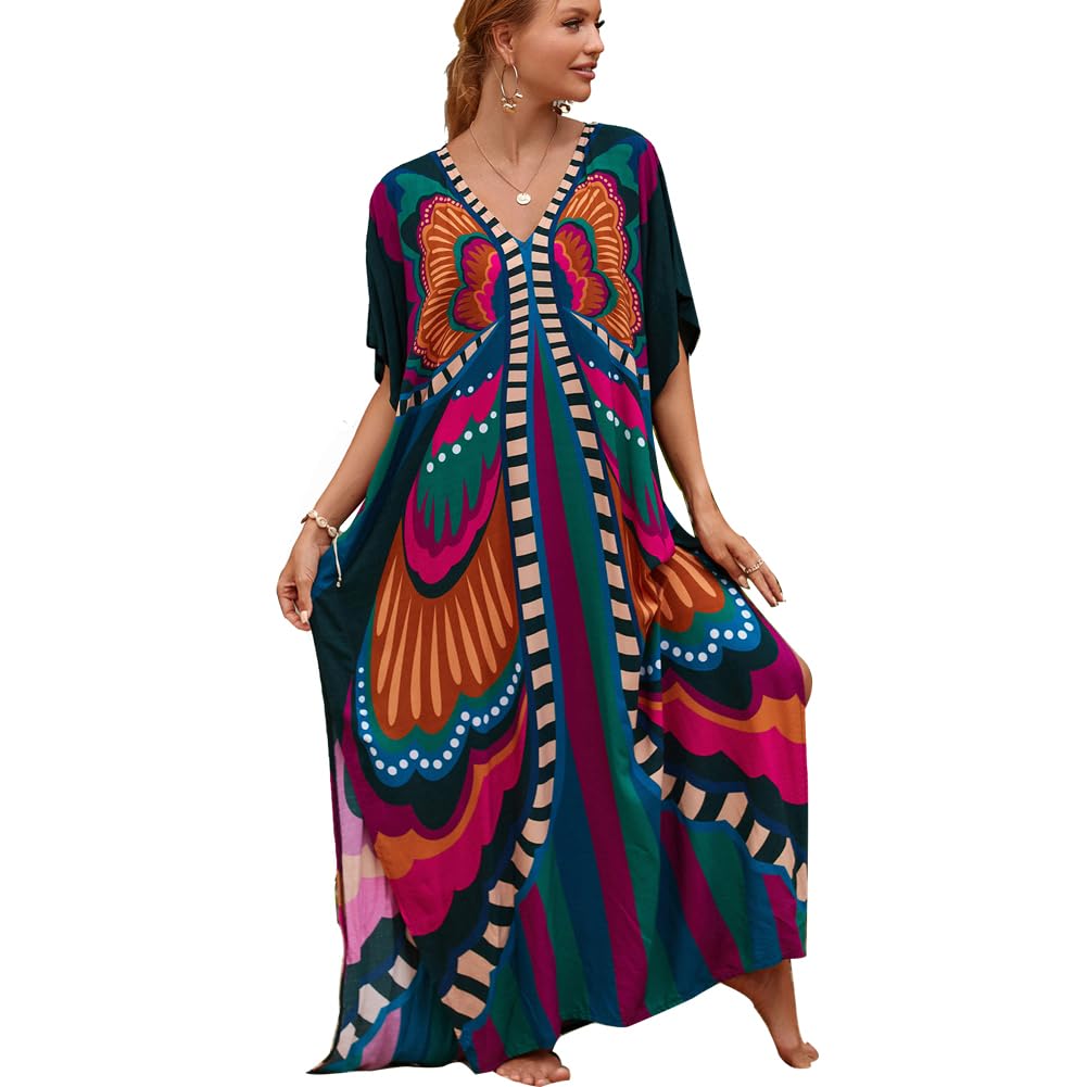 Lazz1on Caftan Mujer Vestido de Playa Largo Bohemian Pareo Verano Maxi Traje de baño Cubrir Scollo a V