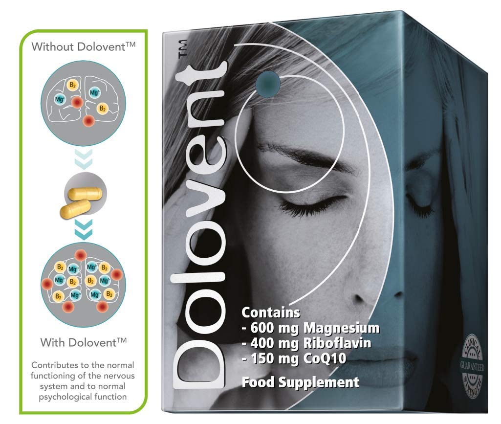 Dolovent - Natural Migraine Relief with Magnesium for Migraines, Vitamin B2 400mg, CoQ10 - Dietary Supplement for Brain Health - 1 Bottle