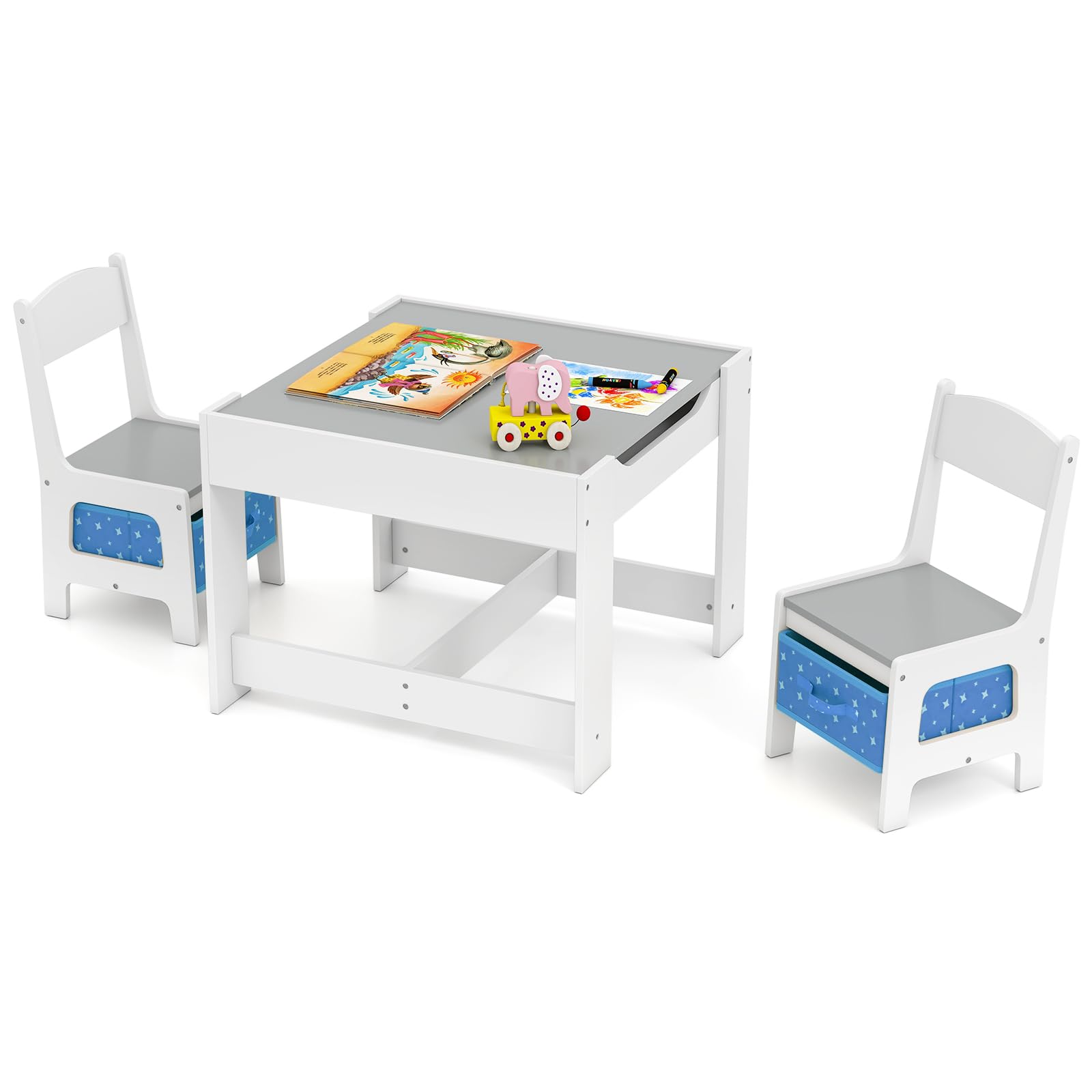 COSTWAY Kids Table Chair Set, Double Side Tabletop Table and 2Pcs Chairs with Storage Box, Activity Desk Nursery Wooden Multifunction Furniture (Grey+Blue)