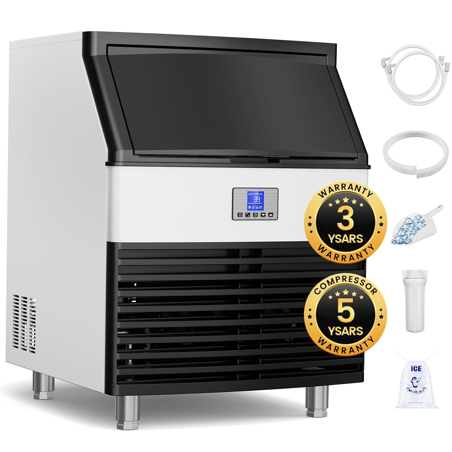 Commercial Ice Maker, 320Lbs/24H Under Counter Ice Machine, 515W Compressor 120LBS Storage Bin,Tainless Steel Undercounter Freestanding Ice Machine, Water Filter and Scoop Included