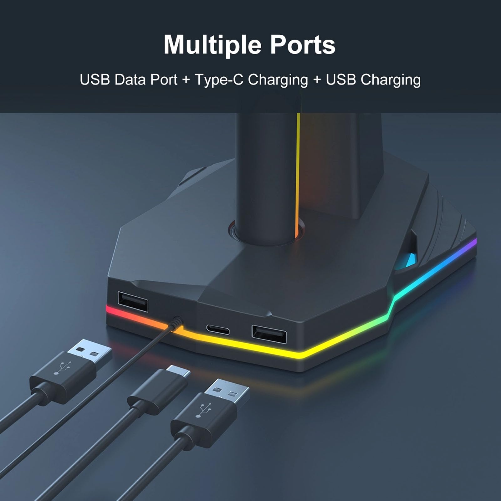 Supporto di Ricarica per Controller di Gioco 3 in 1, Supporto per Cuffie RGB con 2 Porte USB 2.0 e 1 Porta USB C, 4 modalità di Illuminazione, Gancio per Auricolari per Riporre