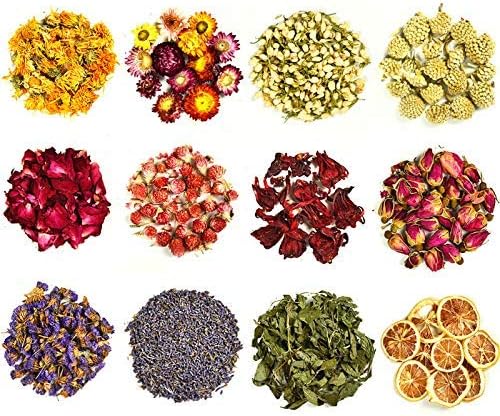 COYMOS Dried Flowers and Herbs 100% Natural Dry Flowers for Candle Making, Resin Jewelry, Bath Bombs - Contains Mint Leaves, Calendula, Hibiscus, Lemon Slices etc. (12 Botanical Varieties Total)