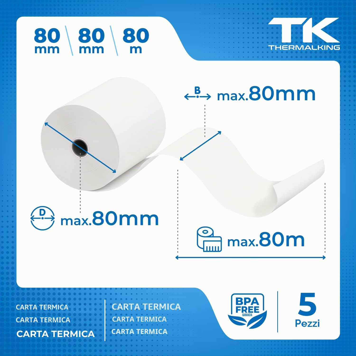THERMALKING Rotoli Cassa Termica Fiscale 80x80x12mm 80mm x 80m 5x