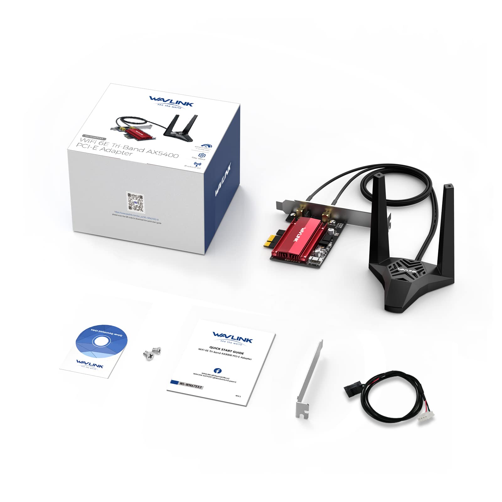 WAVLINK AXE5400 Carte réseau WiFi 6E PCIe Tri-Band AX210 Adaptateur sans fil avec Bluetooth 5.3, MU-MIMO, WPA3, OFDMA, support à profil bas, dissipateur de chaleur, pour PC Windows 10/11