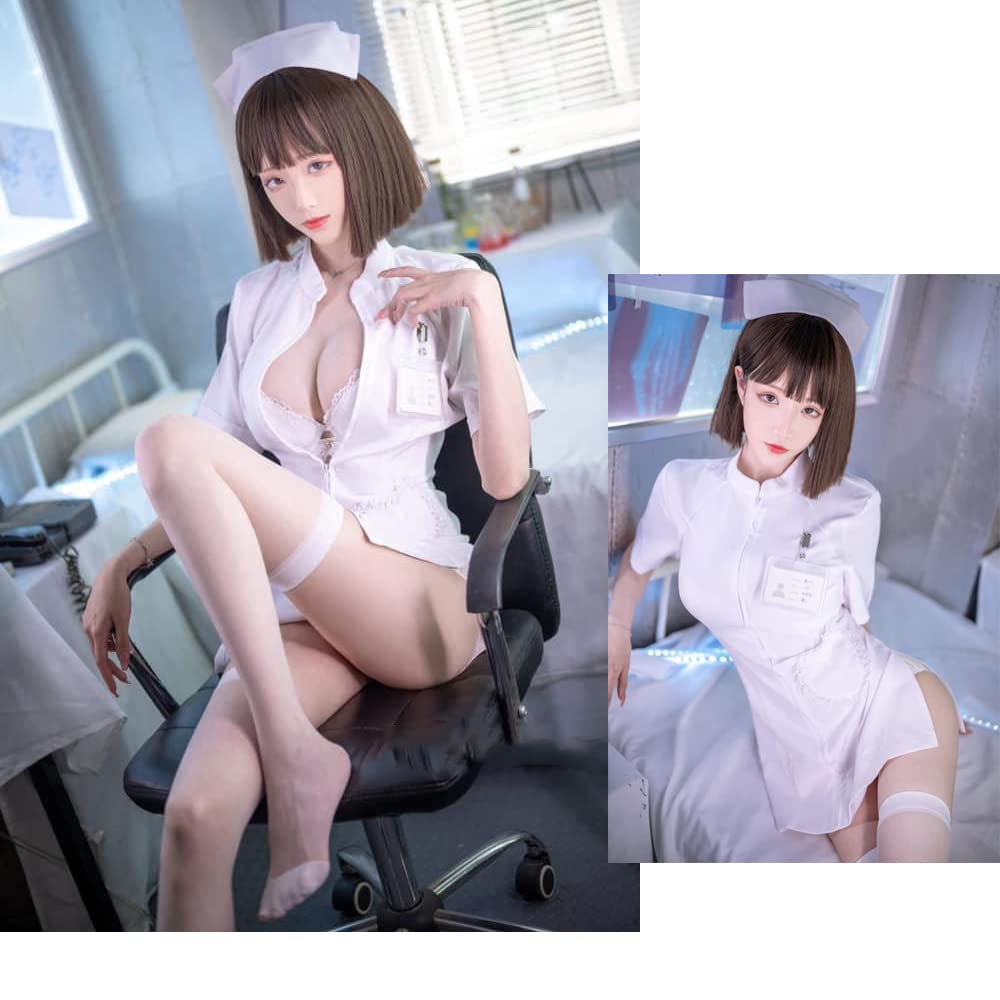 sexy nurse outfit for women lingerie costume Uniform naughty Seductive Roleplay Cosplay Babydoll Zipper Perfect for Halloween Party Dress hat Headpiece Bodysuit Set with Headband White
