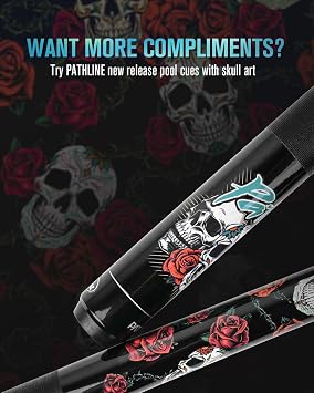 Pool Cue Stick - 58 Canadian Maple 13mm Tip Billiard Pool Stick | Skull Rose Design, Hard Maple Shaft, Linen Wrap, 18-21oz Weight, For Serious Player