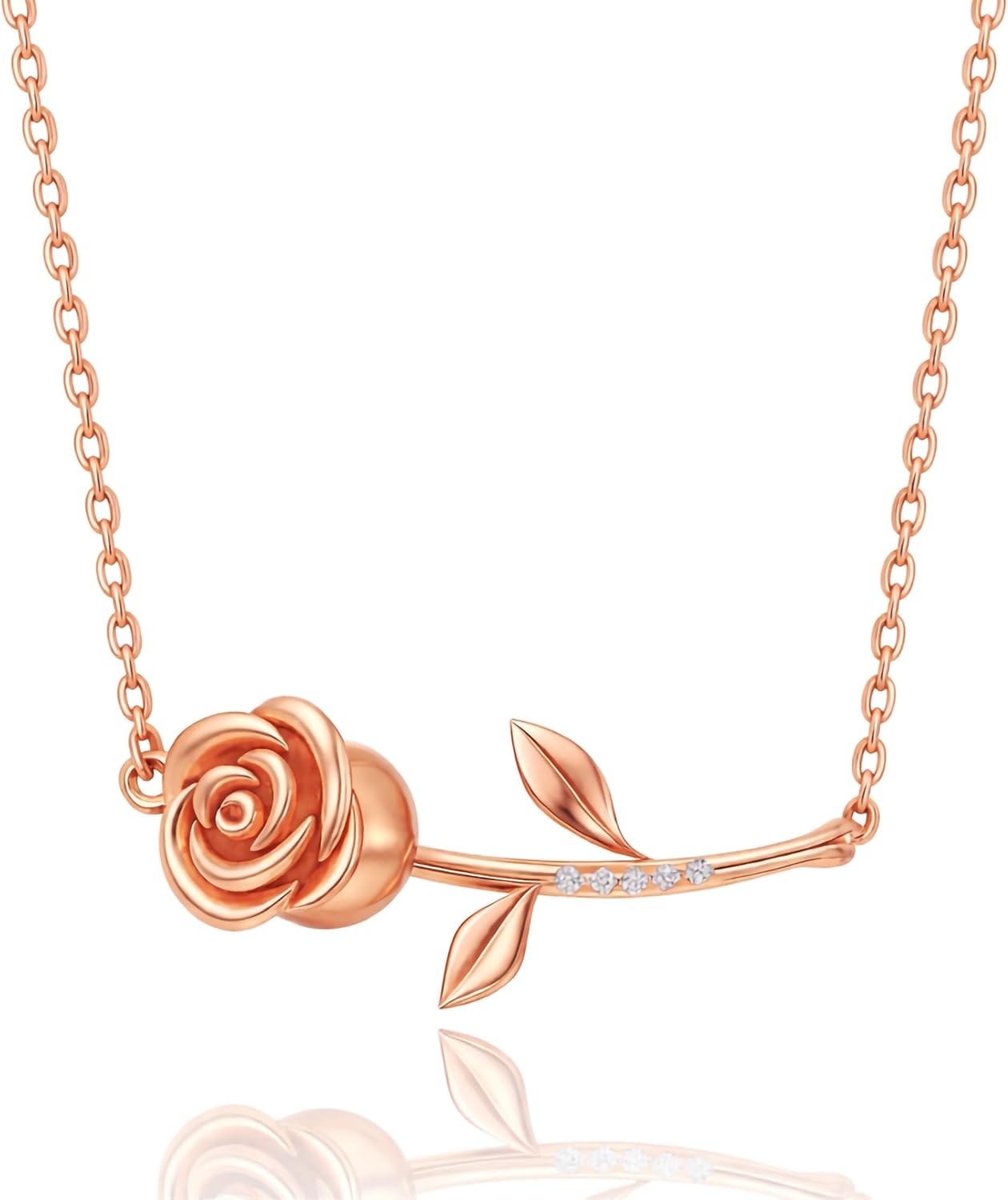 14k Gold Plated Rose Flower Necklace for Women, Elegant Rose Pendant with CZ Accents, Romantic Floral Jewelry Gift for Her
