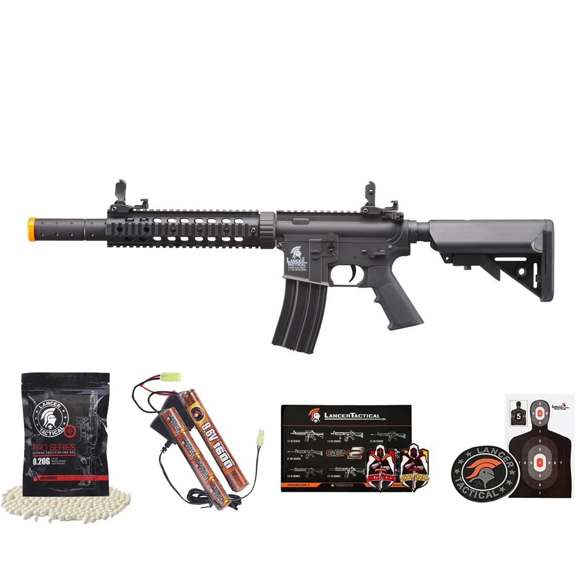 Lancer Tactical Gen 2 SD M4 Polymer (Long Rail)- Full/Semi-Auto Piactinny Rail AEG Rifle with 0.20g BBS, Charger and Battery