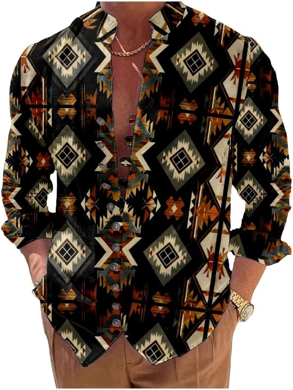 Mens Long Sleeve Button Down Shirts Aztec Printed Collar Muscle Loose Fit Fashion Cool Novelty Summer Shirt