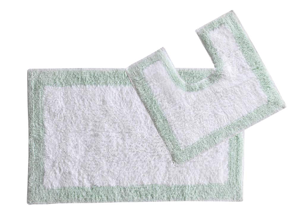 2 Piece 100% Cotton Bath Mat and Pedestal Set in White and Green