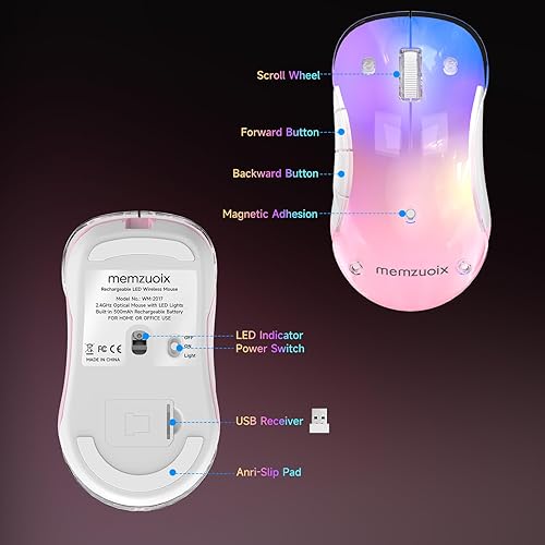 Miniatura 9 de memzuoix Ratón inalámbrico LED de 2.4G, mouse ergonómico recargable con cubierta desmontable, mouse óptico portátil de 1200 DPI con receptor USB