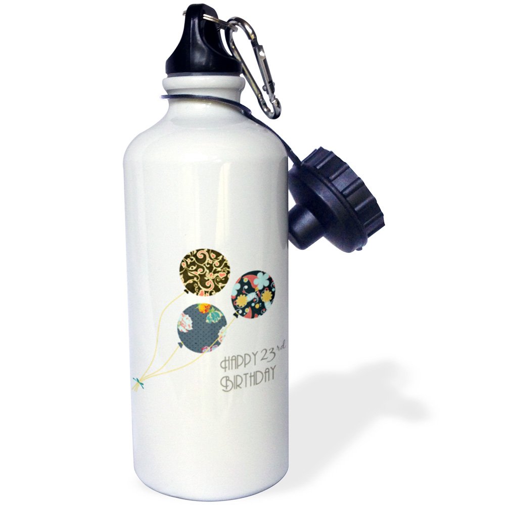 3dRose Happy 23rd Birthday-Modern stylish floral Balloons Elegant black brown blue 23 year old Bday Sports Water Bottle