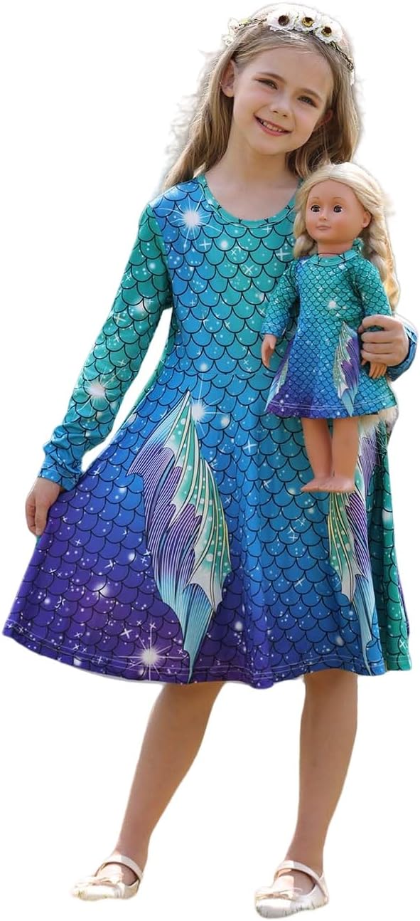 Bow Dream Cute Girl Dress and Matching American Girl Doll Clothes Accessories for Girls Dresses 3-12 Years