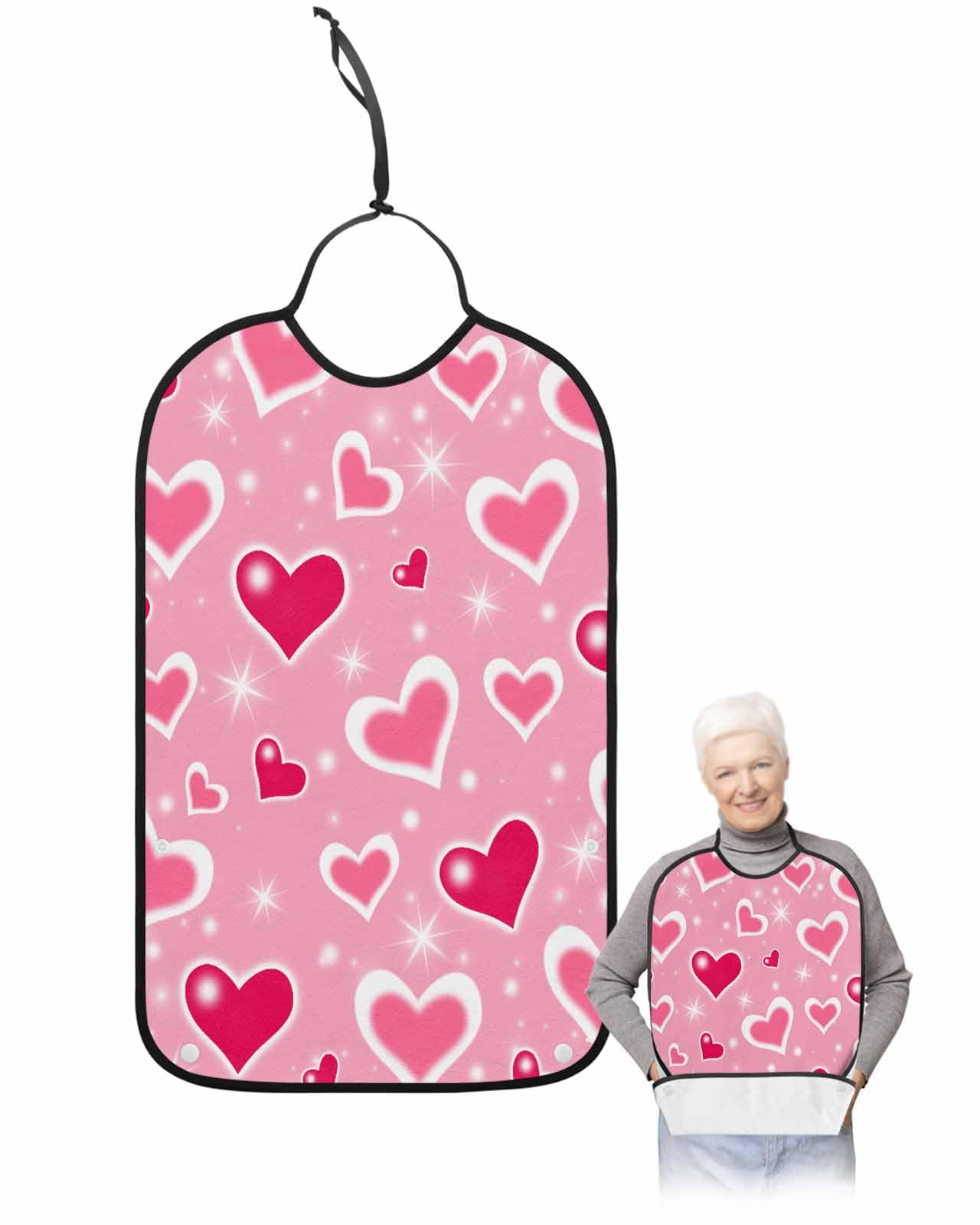 LEOKOTI Red Pink Valentines Adult Bibs for Eating, Waterproof Bibs with Food Catcher & Adjustable Snap Closure, Love Heart Pink Washable Clothing Protectors Adult Bibs for Elderly Women/Men